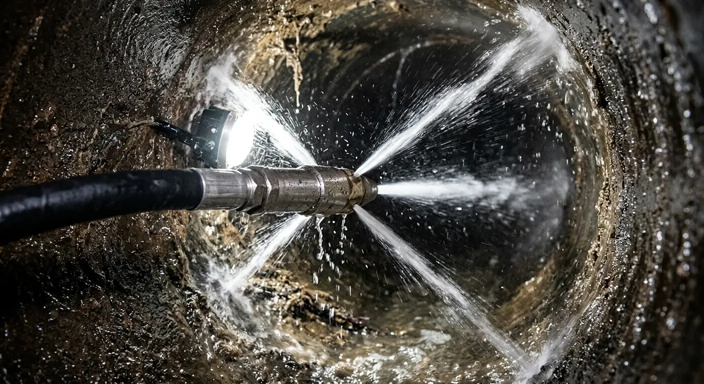 High-pressure hydro jetting nozzle cleaning sewer pipe for Sewer Cleanout in Cleveland