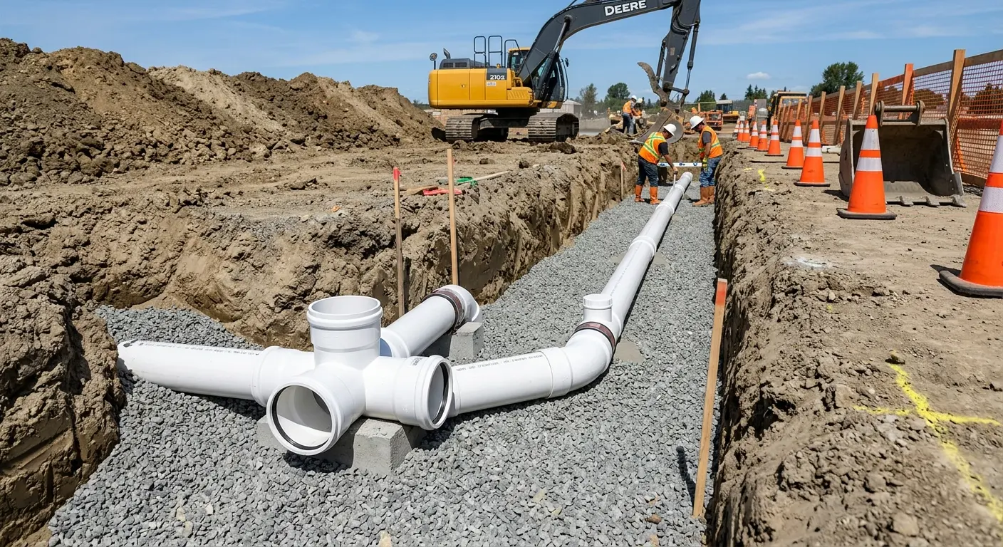 New PVC sewer pipe installation in open trench for Grease Trap Cleaning in Cleveland