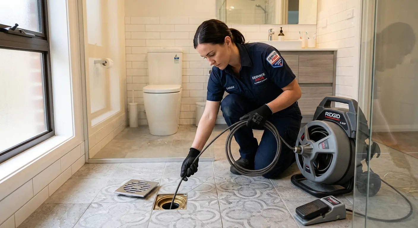 Technician clearing a bathroom floor drain for Sewer Line Installation in Cleveland